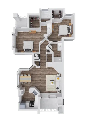 Elegant 3D floor plan showcasing 2 spacious bedrooms, modern kitchen, and open living-dining area with stylish wood flooring.