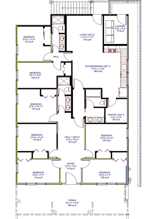 Elegant floor plan featuring 7 spacious bedrooms, an open-concept kitchen and dining area, cozy living room, and a large porch. Includes multiple bathrooms, laundry, and pantry for optimal convenience.