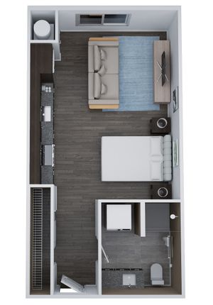 Sleek Unit AM1 studio layout featuring a cozy living area, modern kitchen, and a functional 1-bath design, spanning 496 sq. ft.