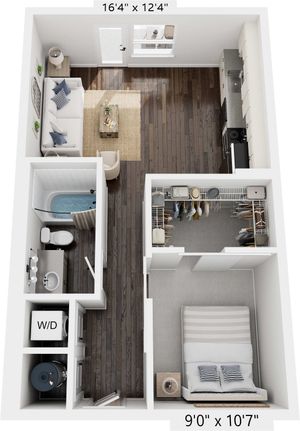 Modern 1-bedroom apartment floor plan with spacious living area, contemporary kitchen, and elegant bathroom, featuring ample closet space and in-unit laundry.