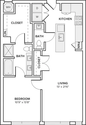 925 square foot one bedroom one and half bath floor plan image