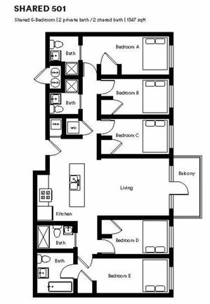 Impressive floor plan of a shared 5-bedroom apartment, highlighting 2 private baths and 2 shared baths, open living area with balcony, and a modern kitchen, covering 1347 sqft.
