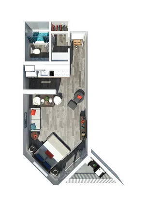 Modern studio apartment with sleek design showcasing an open-concept living room, integrated kitchen, stylish bathroom, and cozy sleeping area.