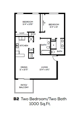 Contemporary B2 floor plan with two spacious bedrooms, two luxurious baths, open kitchen, dining area, living room, and patio; 1000 sq ft of modern living space.