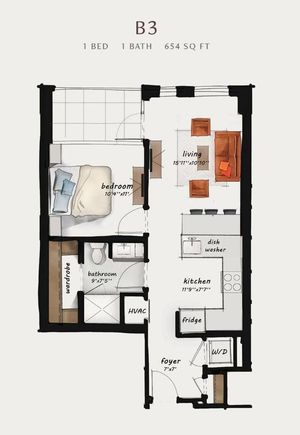 B3 | 1 Bed 1 Bath 654 square feet