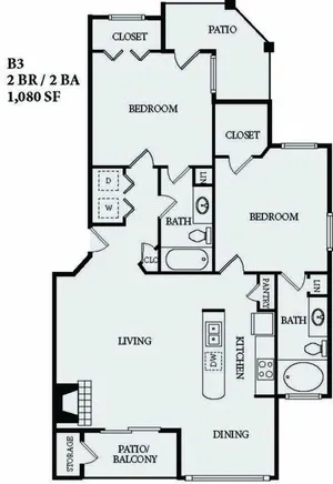 2 Bedroom 2 Bath  / 1,080 SF