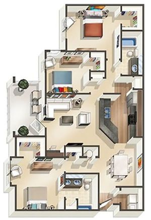 Contemporary floor plan showcasing 3 bedrooms, a modern kitchen, and spacious living and dining areas, providing a stylish and efficient layout.