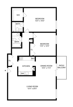 2 BR x 2 BA - A Floorplan