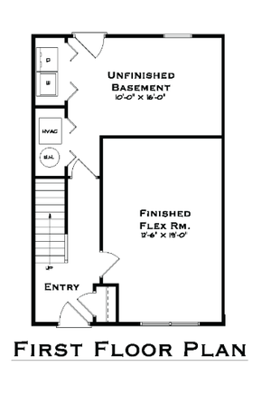 First floor plan featuring an unfinished basement and a spacious finished flex room.