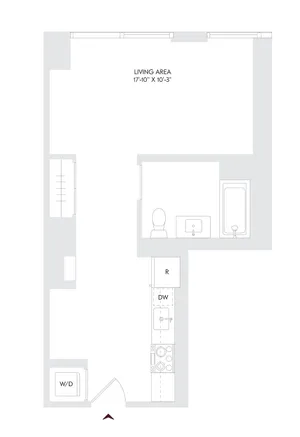 Modern studio apartment floor plan featuring a spacious living area, kitchen with appliances, and a sleek bathroom. Located on floors 10-23 with convenient amenities.