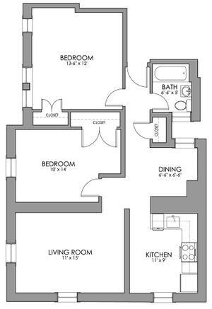Modern 2D floor plan showcasing 2 spacious bedrooms, elegant living room, cozy kitchen, and compact dining area.