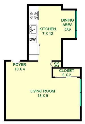 Aclea studio Floorplan shows roughly 305 square feet Living Room, Kitchen, and Dining Area. There are two closets shown.