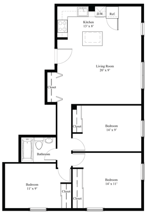 Inviting 2D floor plan showcasing 3 bedrooms, spacious living room, modern kitchen, and ample closet space for comfortable living.