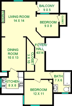 Two bedroom Locust Floorplan shows roughly 760 square feet, with two bedrooms, a bathroom, living room, dining room, kitchen and balcony.