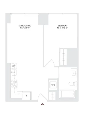 Avira Residence 5 floor plan showcasing a chic 1 bedroom, 1 bath layout with an open-concept living and dining area, modern kitchen, and convenient in-unit washer and dryer.