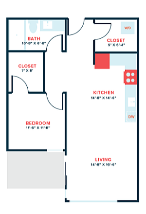 Modern apartment floor plan with 1 bedroom, a spacious living and kitchen area, large closets, and a well-designed bath.