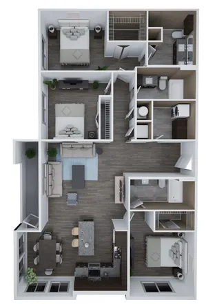 Modern floor plan of Unit F2 featuring 3 spacious bedrooms, 3 elegant bathrooms, open-concept living and dining area, and a sleek kitchen, totaling 1,594 sq ft.