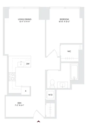 Modern floor plan with spacious living/dining area, cozy bedroom, functional kitchen, and additional den. Includes walk-in closet and laundry space.