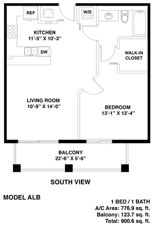 Inviting floor plan of Model ALB with 1 bedroom, 1 bathroom, open kitchen, spacious living room, and a scenic south view balcony.