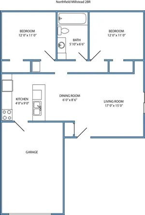 2-Bed, 1-Bath, 1-Story Remodeled Floorplan