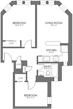 Cozy apartment floor plan showcasing 2 bedrooms, a welcoming living room, compact kitchen, and a well-sized bath with storage closets.