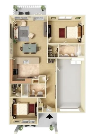 Charming 3D floor plan featuring 2 cozy bedrooms, a spacious living area, modern kitchen, and an inviting balcony.