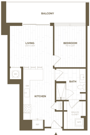 Modern one-bedroom floor plan featuring a spacious living area, open kitchen, and private balcony.