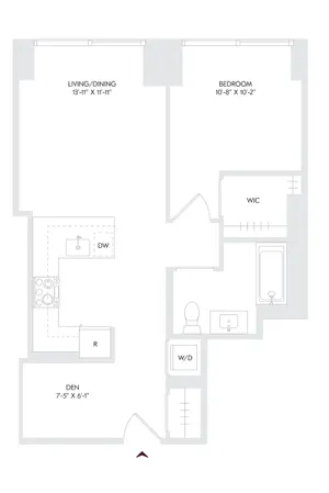 Avira Residence 18 floor plan showcasing a sleek 1-bedroom, open den, and full bath layout on floors 10-23, ideal for modern living in Philadelphia.
