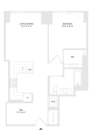 Elegant Residence 2 floor plan featuring 1 bedroom, a cozy den, open living/dining area, and spacious walk-in closet on floors 11-16 and 18-23.