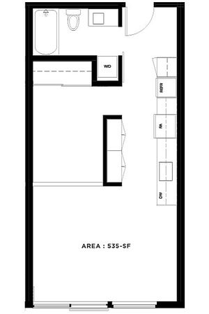 Efficient studio apartment floor plan with open layout, featuring a modern kitchen, bathroom, and washer-dryer area, covering 535 sq ft.