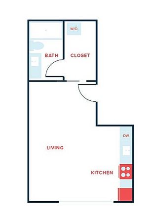 Efficient 1-bedroom apartment floor plan featuring an open-concept living and kitchen area, spacious closet, and convenient bath location.
