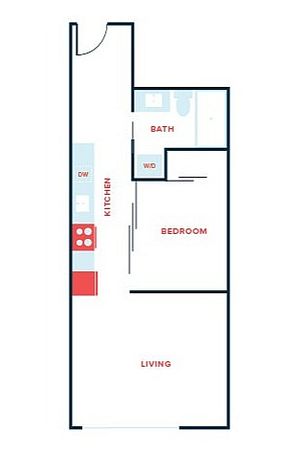 Modern floor plan featuring one bedroom, a sleek kitchen, living area, and bathroom, optimized for comfort and style.