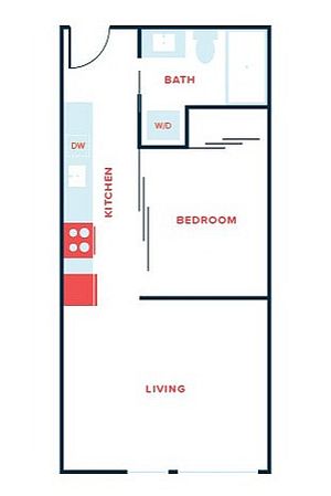 Modern floor plan showcasing a 1-bedroom apartment with open living area, kitchen, and cozy bathroom.