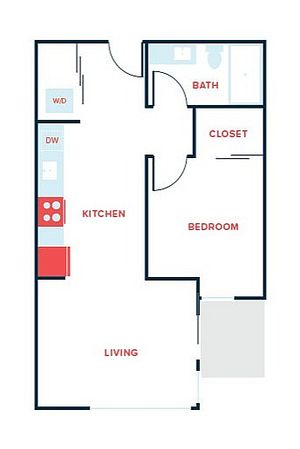 Modern 2D floor plan showcasing a cozy 1-bedroom apartment with a spacious living area, functional kitchen, and convenient bath.