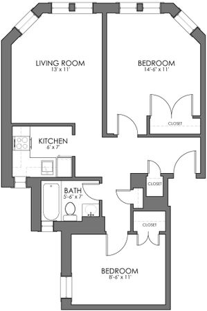 Charming floor plan featuring a spacious living room, two cozy bedrooms with closets, a functional kitchen, and a modern bathroom.