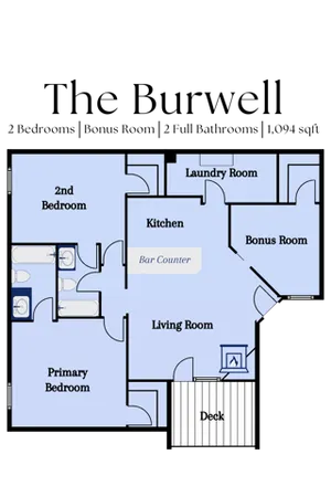 The Burwell Floorplan - 2 bedrooms, Bonus Room, 2 full bathrooms, 1,094 square feet