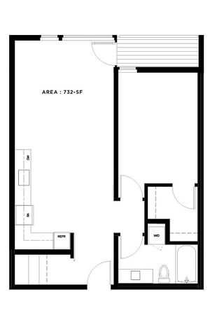Modern studio apartment floor plan, 732 sq ft, featuring open-concept living area, sleek kitchen, and convenient bathroom with washer-dryer setup.