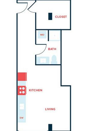 Modern floor plan showcasing an efficient studio layout with open kitchen, cozy living area, and convenient closet space.