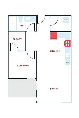 Elegant floor plan featuring 1 bedroom, 1 bath, sleek kitchen, and spacious living area with modern layout.