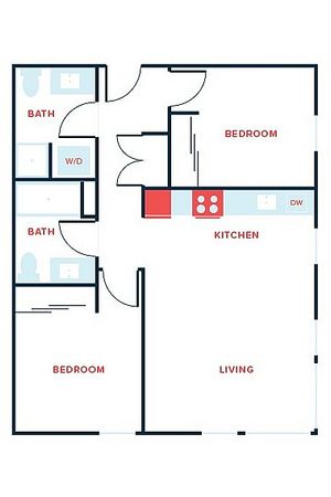 Inviting 2D floor plan showcasing a modern layout with 2 bedrooms, efficient kitchen, spacious living area, and 2 bathrooms.