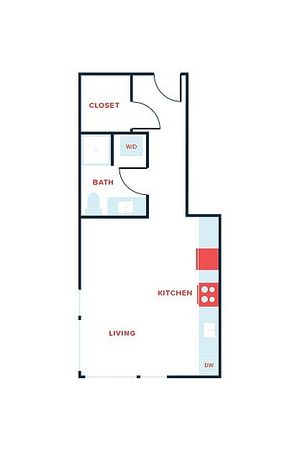 Efficient single-bedroom apartment floor plan featuring a modern kitchen, cozy living area, ample closet space, and a well-organized bathroom.