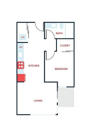 Modern apartment floor plan featuring 1 bedroom, bathroom, and an open kitchen-living area with closet space.