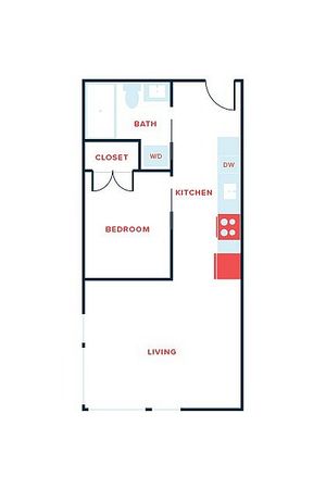 Modern 1-bedroom floor plan featuring a cozy living area, well-organized kitchen, and convenient laundry space adjacent to the bathroom.