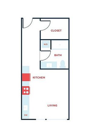Modern floor plan showcasing open kitchen, cozy living area, closet, and bath with washer/dryer space.