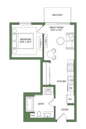 Chic floor plan featuring a cozy bedroom, open-concept great room, and modern kitchen with balcony access.