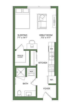 Modern apartment floor plan with a spacious sleeping area, cozy great room, functional kitchen, and convenient walk-in closet. Includes bath and efficient layout.