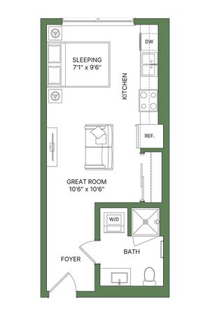 Modern studio apartment floor plan showcasing a great room, compact kitchen, dedicated sleeping area, and convenient bath with washer/dryer.