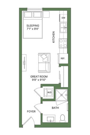 Modern studio apartment floor plan featuring an efficient layout with a sleeping area, cozy great room, compact kitchen, and stylish bathroom.