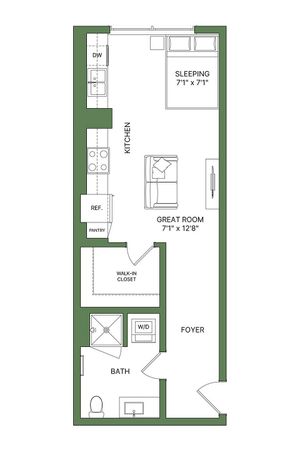 Chic studio apartment floor plan showcasing a compact layout with a modern kitchen, spacious great room, cozy sleeping area, and convenient walk-in closet.