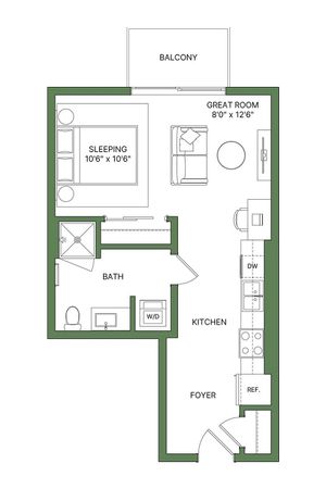 Modern studio apartment floor plan with a spacious sleeping area, elegant great room, and compact kitchen, featuring a balcony for outdoor relaxation.